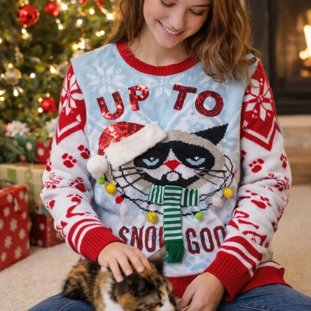 Blue Ugly Christmas Sweater Cat Snow Good Sequin Pom Pom XL (15–17) Holidays Fes